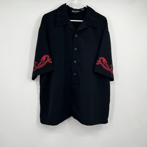 Mens VTG Y2K Dragonfly Black Button Shirt XL Red Embroidered Dragons Sleeves SS - Picture 1 of 12
